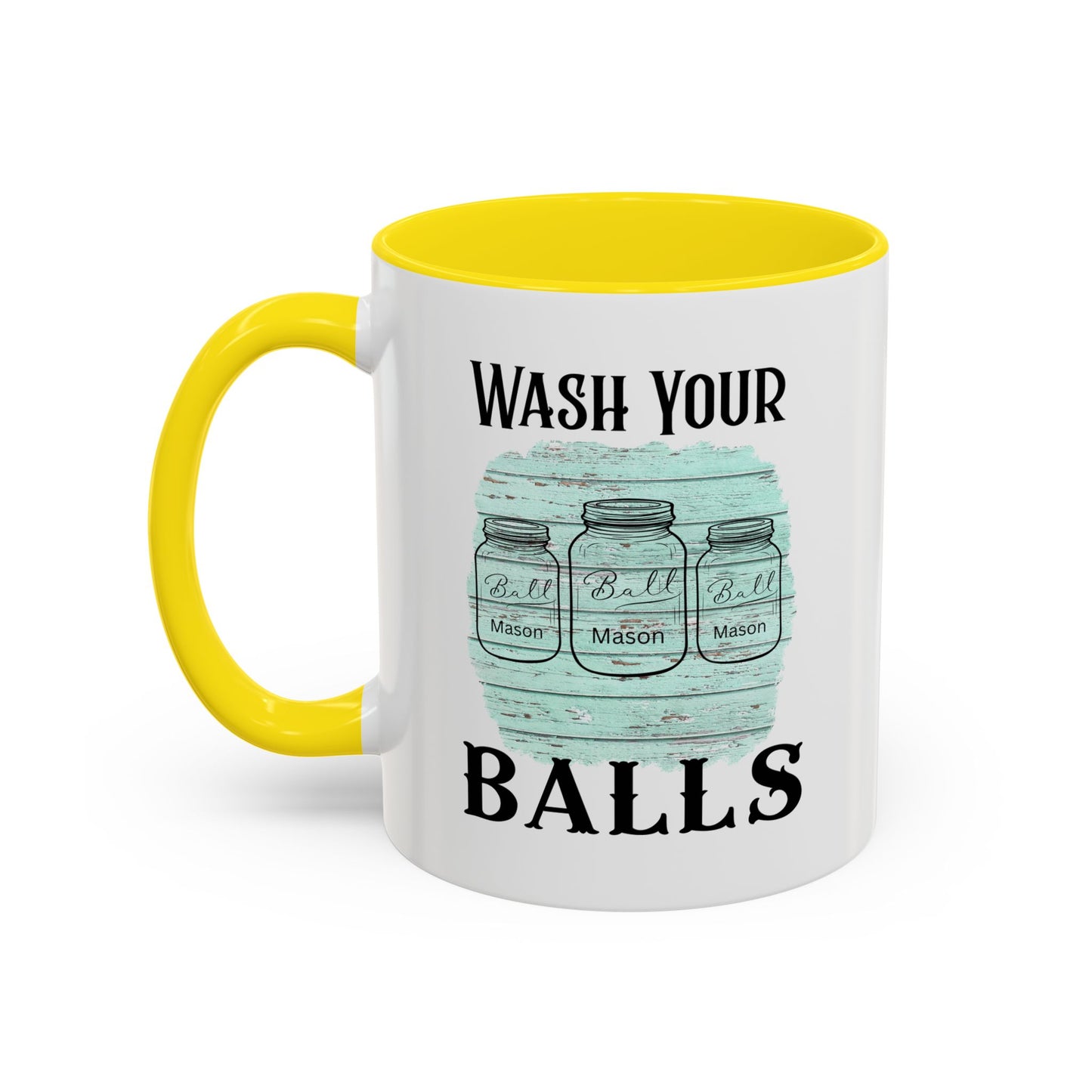 "Wash Your Balls" Blue Wood, Humorous Accent Coffee Mug for Everyday Laughs, Perfect Gift for Friends, Fun Kitchen Decor, Unique Housewarming Gift, Novelty Coffee Cup