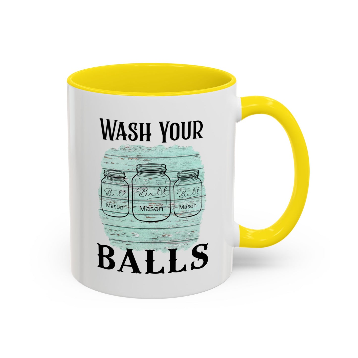 "Wash Your Balls" Blue Wood, Humorous Accent Coffee Mug for Everyday Laughs, Perfect Gift for Friends, Fun Kitchen Decor, Unique Housewarming Gift, Novelty Coffee Cup