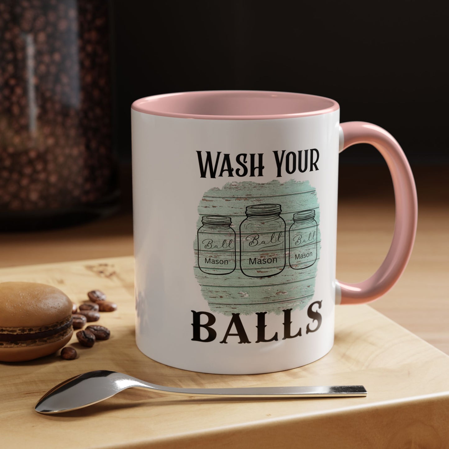 "Wash Your Balls" Blue Wood, Humorous Accent Coffee Mug for Everyday Laughs, Perfect Gift for Friends, Fun Kitchen Decor, Unique Housewarming Gift, Novelty Coffee Cup
