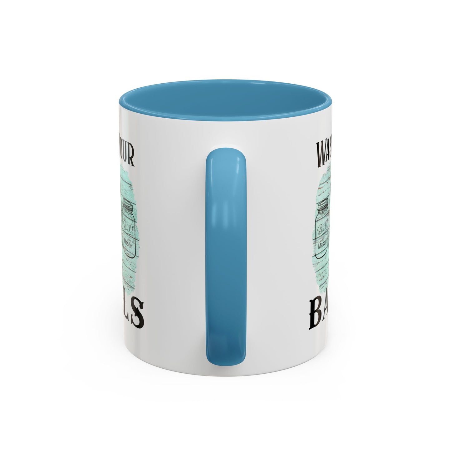 "Wash Your Balls" Blue Wood, Humorous Accent Coffee Mug for Everyday Laughs, Perfect Gift for Friends, Fun Kitchen Decor, Unique Housewarming Gift, Novelty Coffee Cup