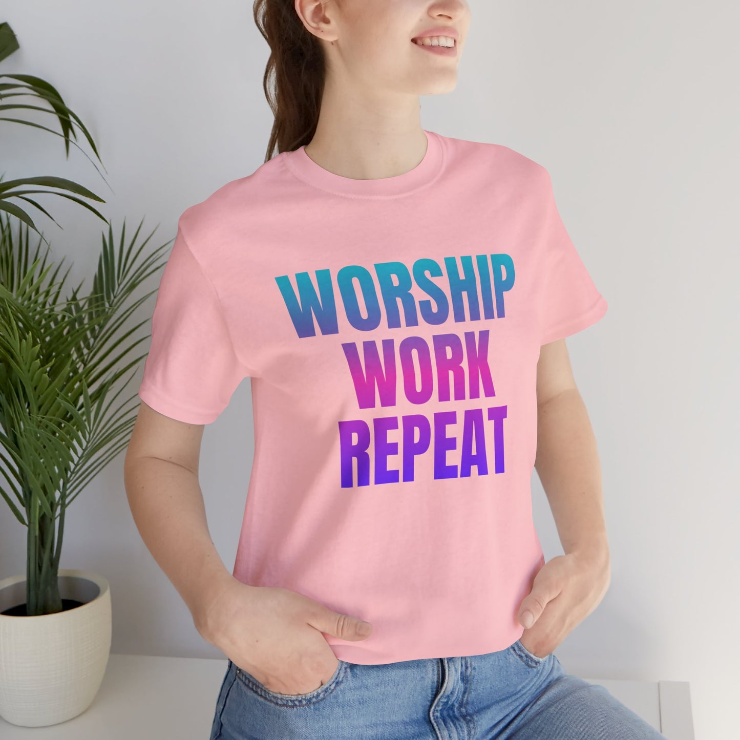 Motivational Unisex Tee - 'Worship Work Repeat' Western Shirt | Country Girl Tee | Rustic Graphic Tee | Free Spirit Apparel | Outdoor Lifestyle Tee | Vintage Country Shirt | Softstyle Unisex Tee | Faith-Based Country Girl Tee | Rustic Christian Shirt