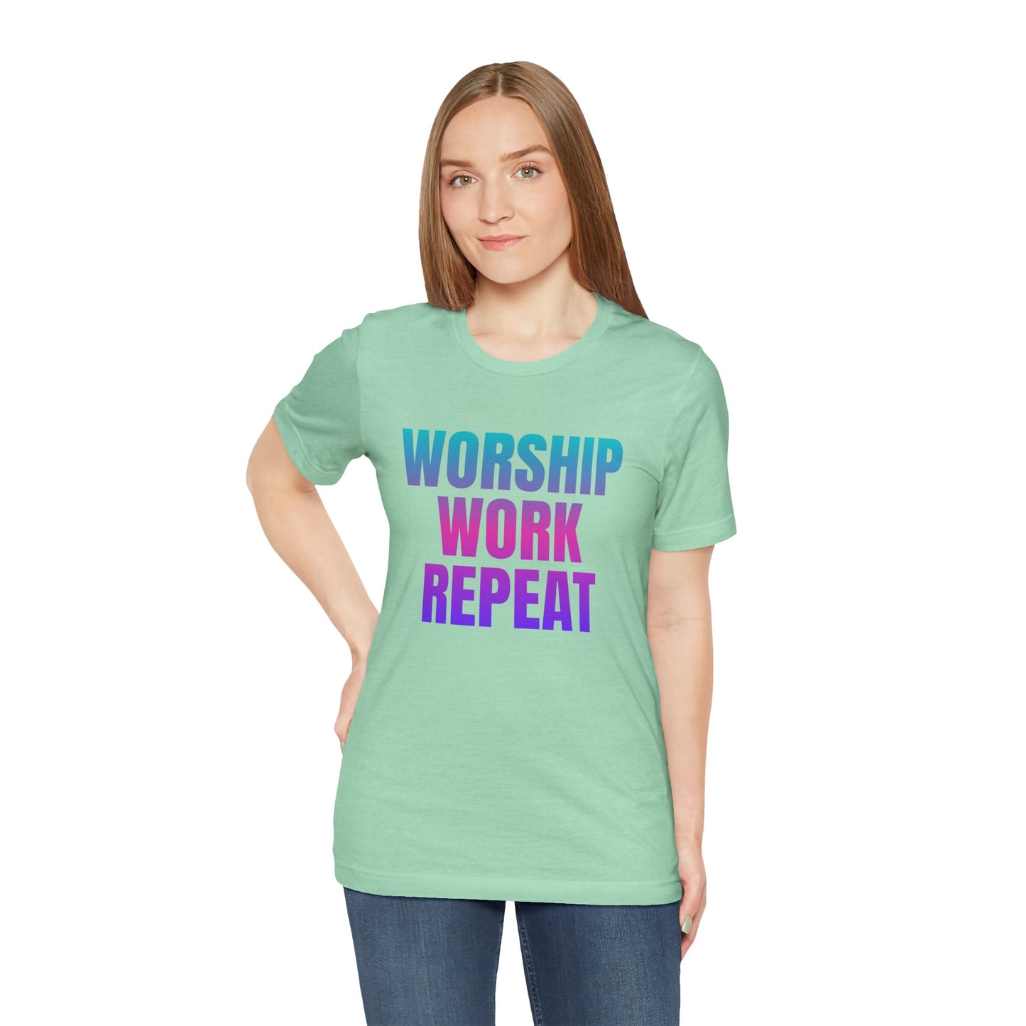 Motivational Unisex Tee - 'Worship Work Repeat' Western Shirt | Country Girl Tee | Rustic Graphic Tee | Free Spirit Apparel | Outdoor Lifestyle Tee | Vintage Country Shirt | Softstyle Unisex Tee | Faith-Based Country Girl Tee | Rustic Christian Shirt