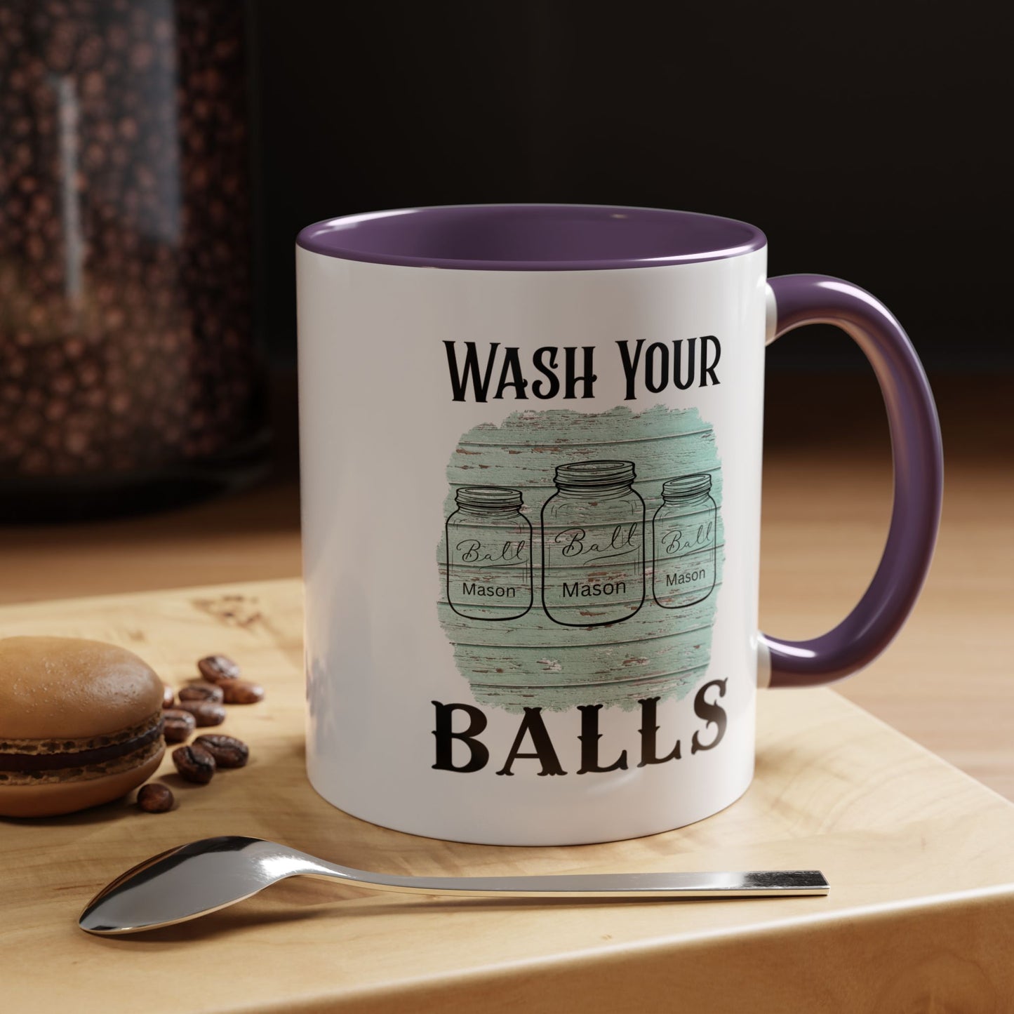 "Wash Your Balls" Blue Wood, Humorous Accent Coffee Mug for Everyday Laughs, Perfect Gift for Friends, Fun Kitchen Decor, Unique Housewarming Gift, Novelty Coffee Cup