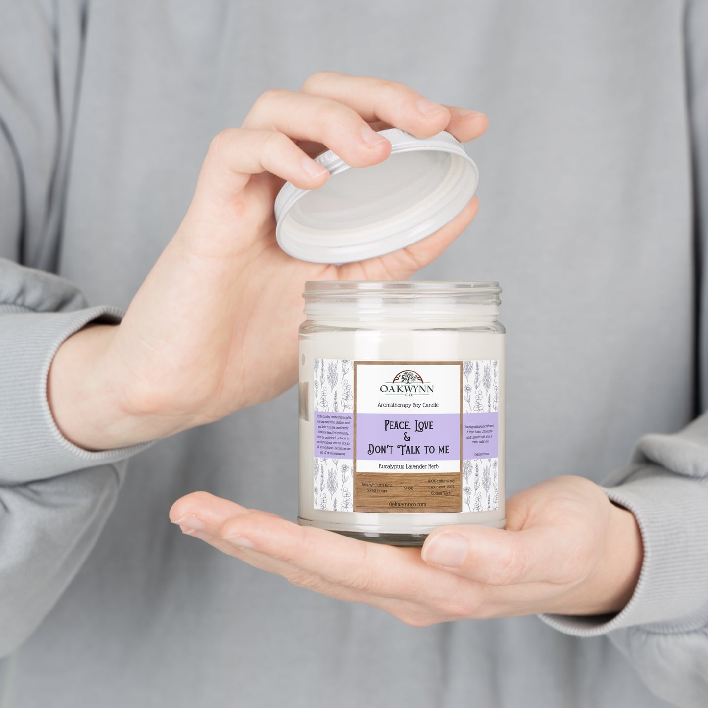 Aromatherapy Soy Candle- 'Peace, Love & Don't Talk to Me' | 9oz | Eucalyptus Lavender Herb