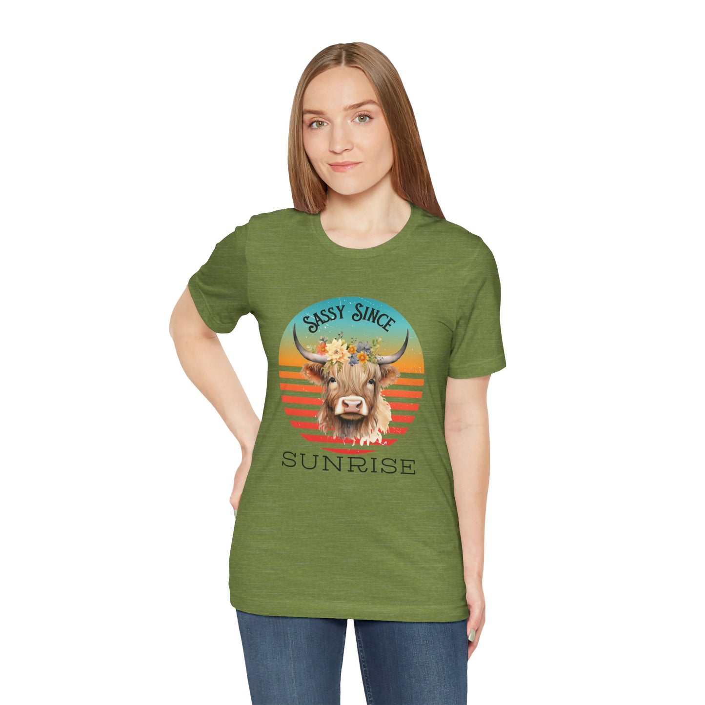 "Sassy Since Sunrise" Cow Tee | Western Shirt | Country Girl Tee | Rustic Graphic Tee | Free Spirit Apparel | Outdoor Lifestyle Tee | Vintage Country Shirt | Softstyle Unisex Tee | Faith-Based Country Girl Tee | Rustic Christian Shirt