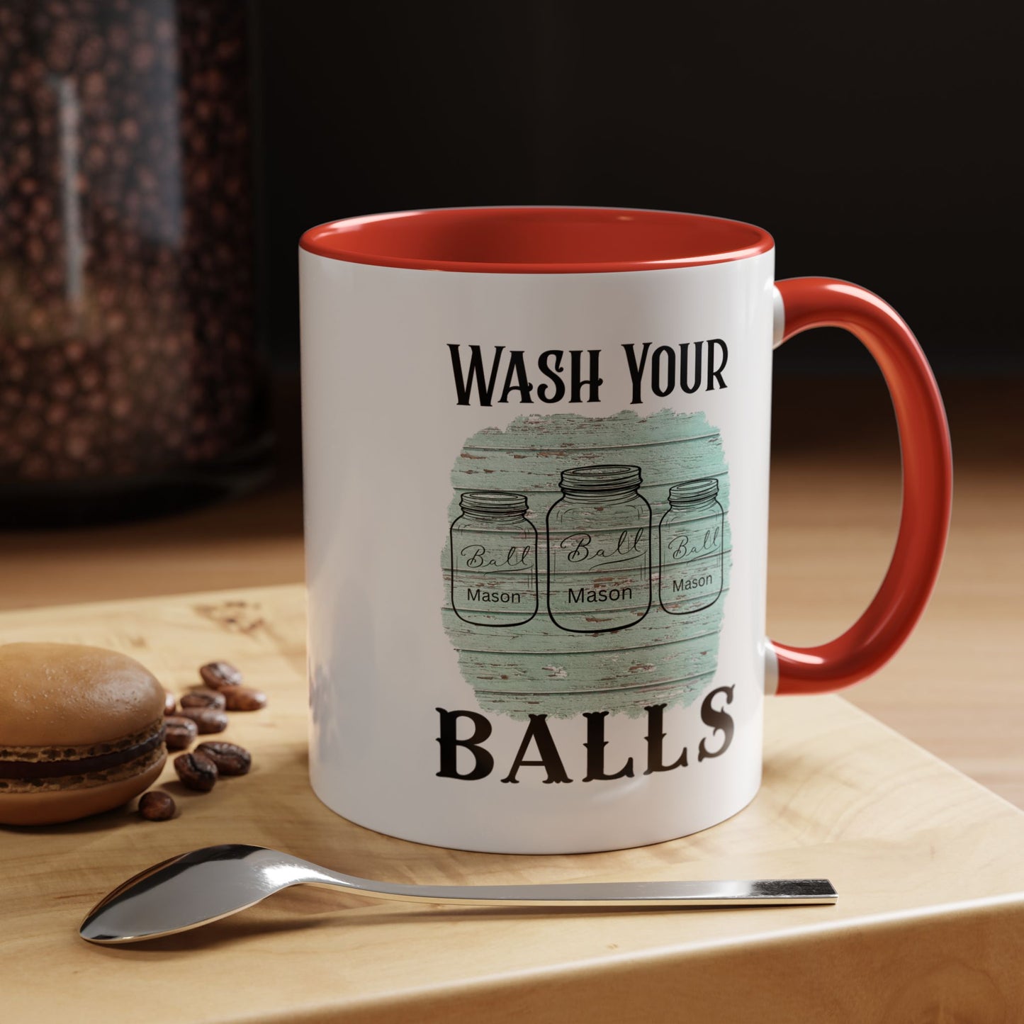 "Wash Your Balls" Blue Wood, Humorous Accent Coffee Mug for Everyday Laughs, Perfect Gift for Friends, Fun Kitchen Decor, Unique Housewarming Gift, Novelty Coffee Cup