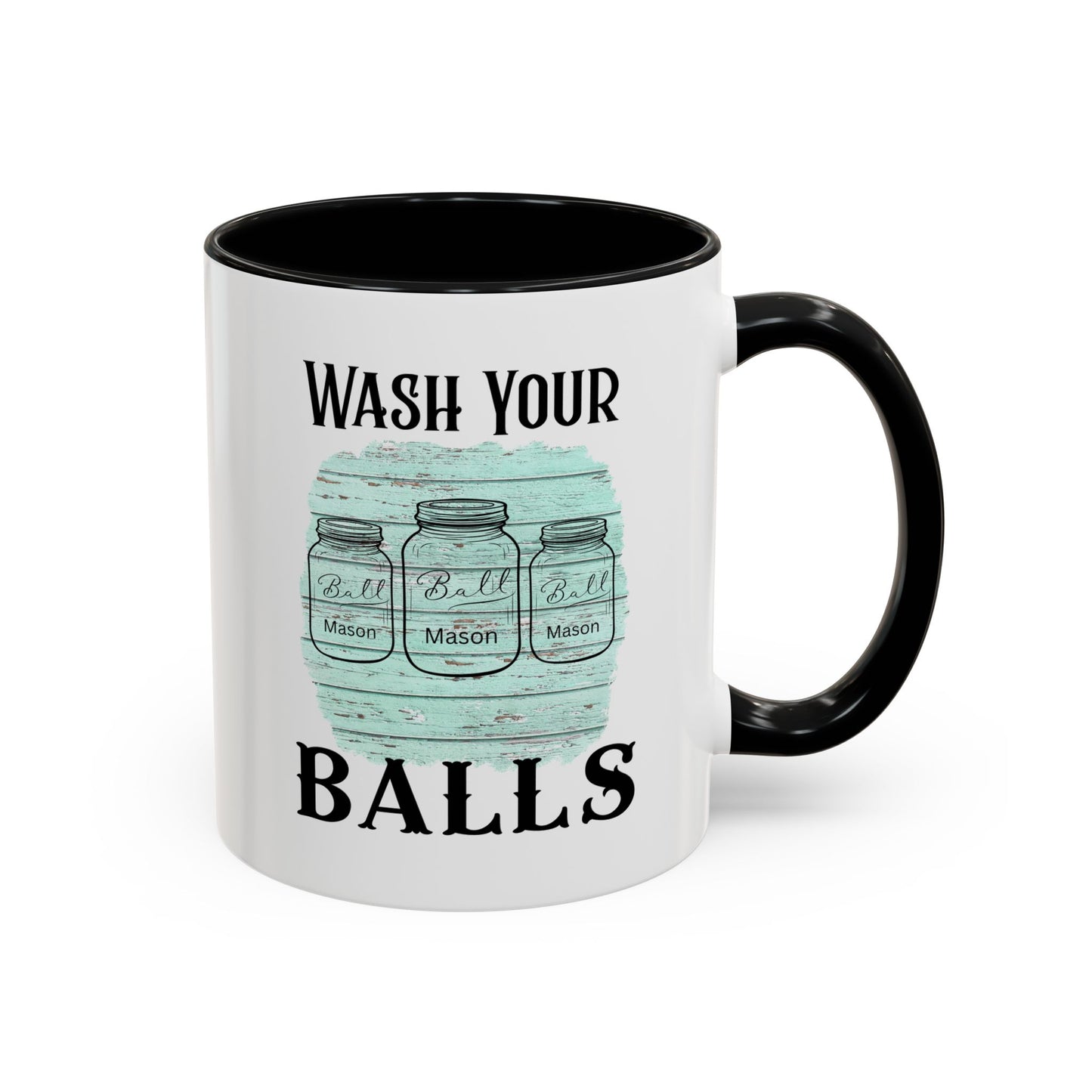 "Wash Your Balls" Blue Wood, Humorous Accent Coffee Mug for Everyday Laughs, Perfect Gift for Friends, Fun Kitchen Decor, Unique Housewarming Gift, Novelty Coffee Cup