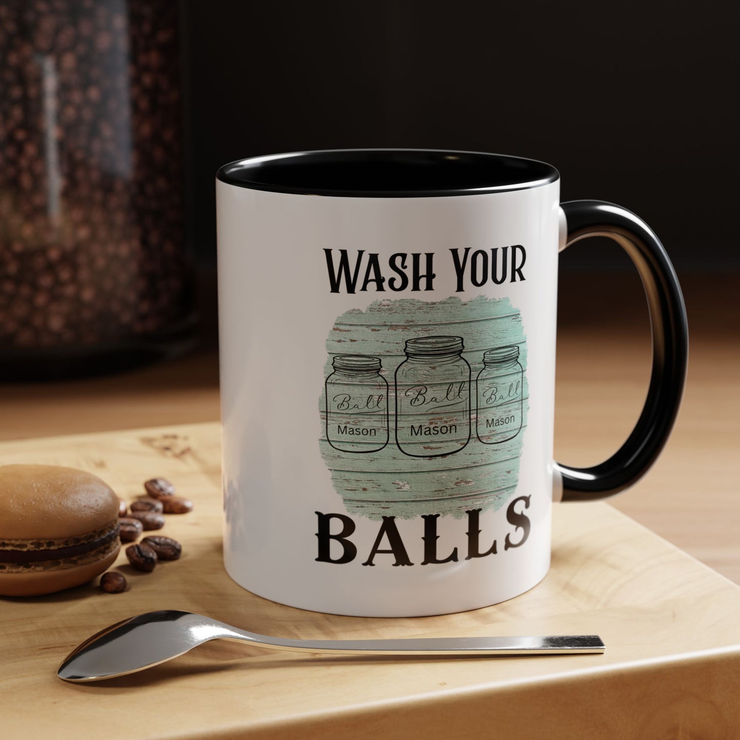 "Wash Your Balls" Blue Wood, Humorous Accent Coffee Mug for Everyday Laughs, Perfect Gift for Friends, Fun Kitchen Decor, Unique Housewarming Gift, Novelty Coffee Cup