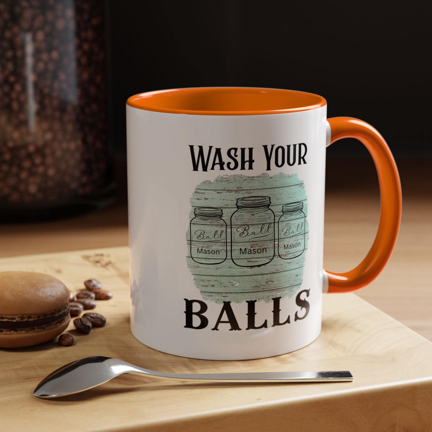 "Wash Your Balls" Blue Wood, Humorous Accent Coffee Mug for Everyday Laughs, Perfect Gift for Friends, Fun Kitchen Decor, Unique Housewarming Gift, Novelty Coffee Cup