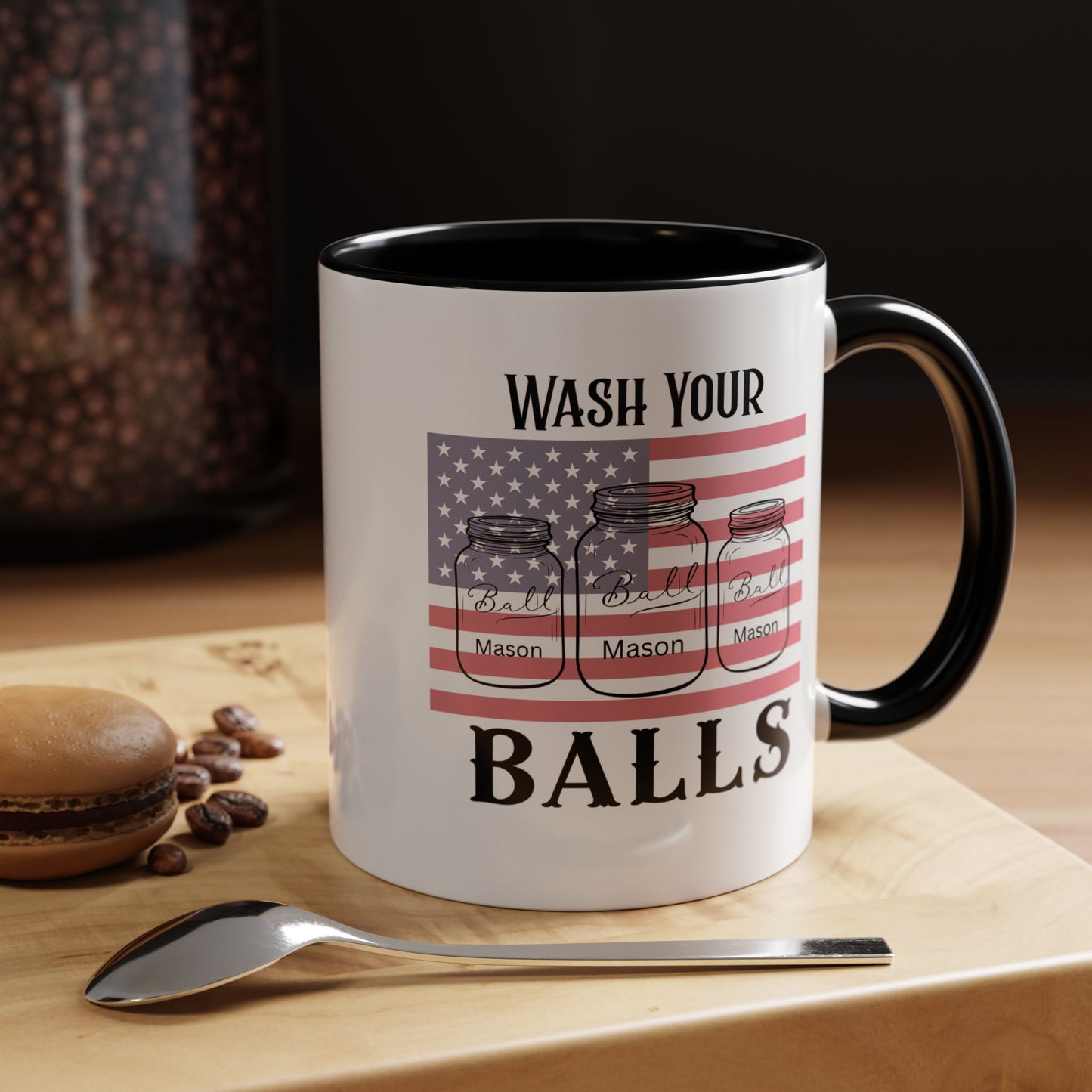 "Wash Your Balls" American Flag, Funny Accent Coffee Mug, Unique Gift, Humorous Drinkware, Holidays, Kitchen Decor