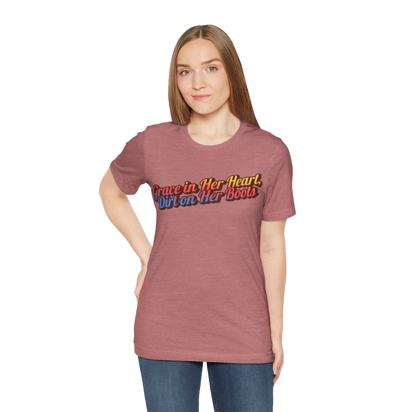"Grace in Her Heart, Dirt On Her Boots" Western Shirt | Country Girl Tee | Rustic Graphic Tee | Free Spirit Apparel | Outdoor Lifestyle Tee | Vintage Country Shirt | Unisex Tee | Faith-Based Country Girl Tee | Rustic Christian Shirt