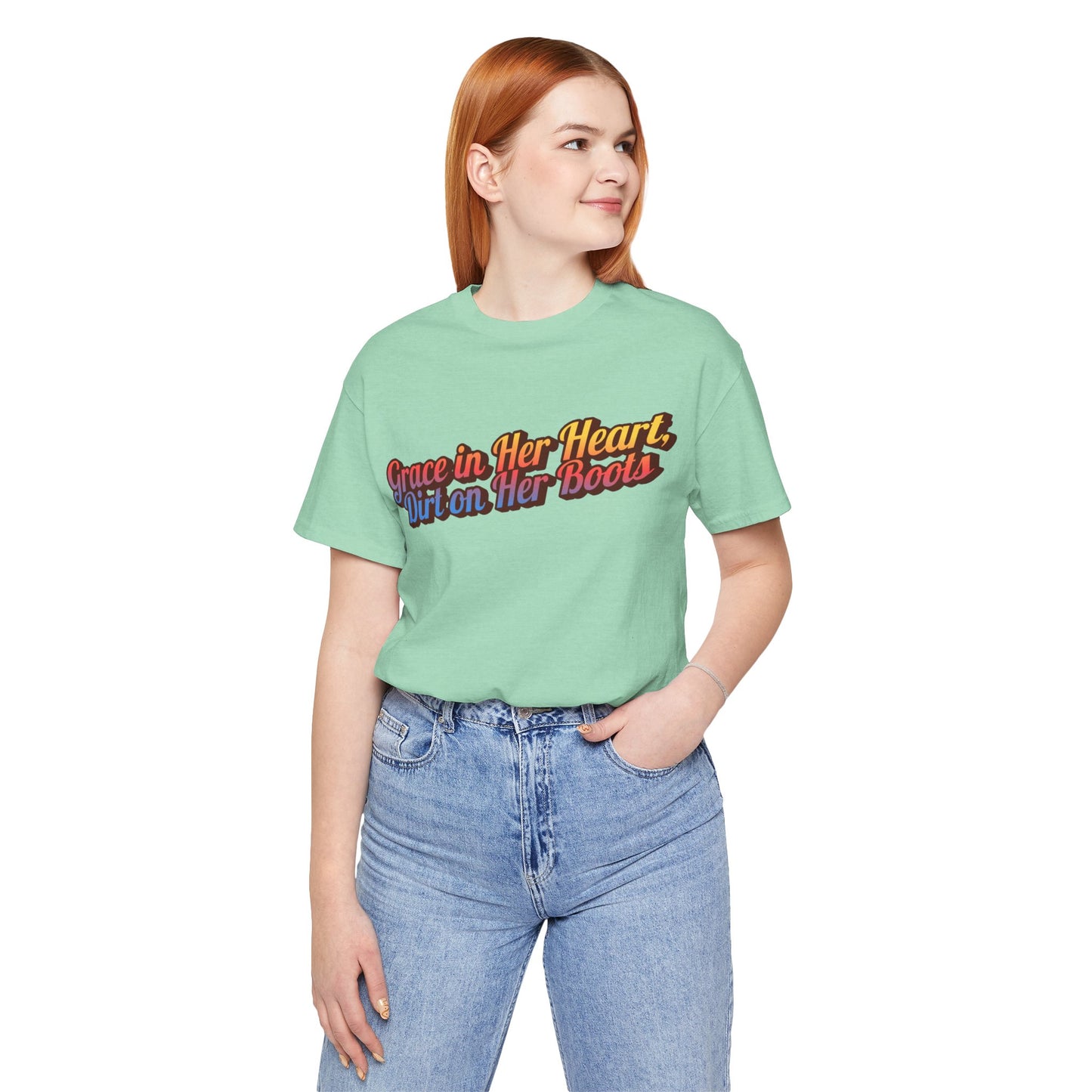 "Grace in Her Heart, Dirt On Her Boots" Western Shirt | Country Girl Tee | Rustic Graphic Tee | Free Spirit Apparel | Outdoor Lifestyle Tee | Vintage Country Shirt | Unisex Tee | Faith-Based Country Girl Tee | Rustic Christian Shirt