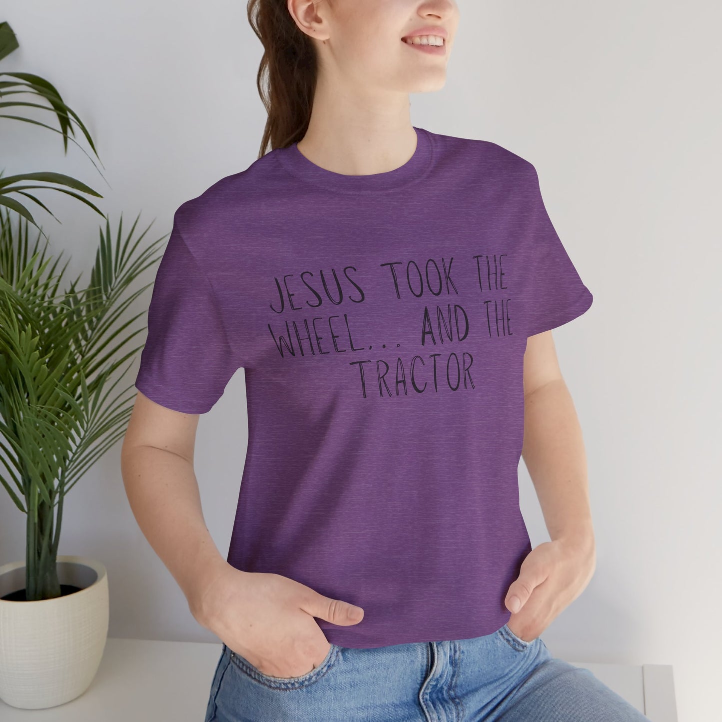 "Jesus Took the Wheel And The Tractor" Western Shirt | Country Girl Tee | Rustic Graphic Tee | Free Spirit Apparel | Outdoor Lifestyle Tee | Vintage Country Shirt | Softstyle Unisex Tee | Faith-Based Country Girl Tee | Rustic Christian Shirt