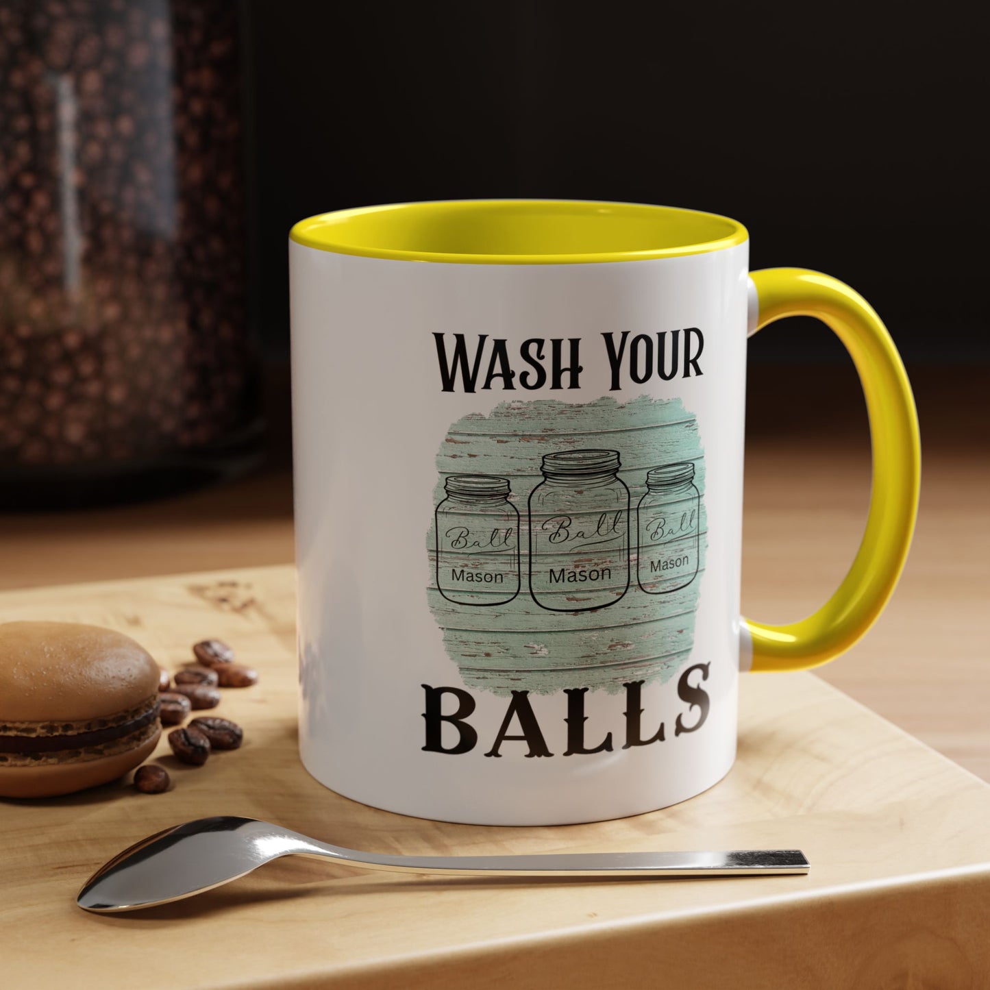 "Wash Your Balls" Blue Wood, Humorous Accent Coffee Mug for Everyday Laughs, Perfect Gift for Friends, Fun Kitchen Decor, Unique Housewarming Gift, Novelty Coffee Cup
