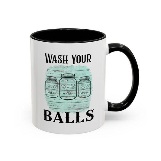 "Wash Your Balls" Blue Wood, Humorous Accent Coffee Mug for Everyday Laughs, Perfect Gift for Friends, Fun Kitchen Decor, Unique Housewarming Gift, Novelty Coffee Cup