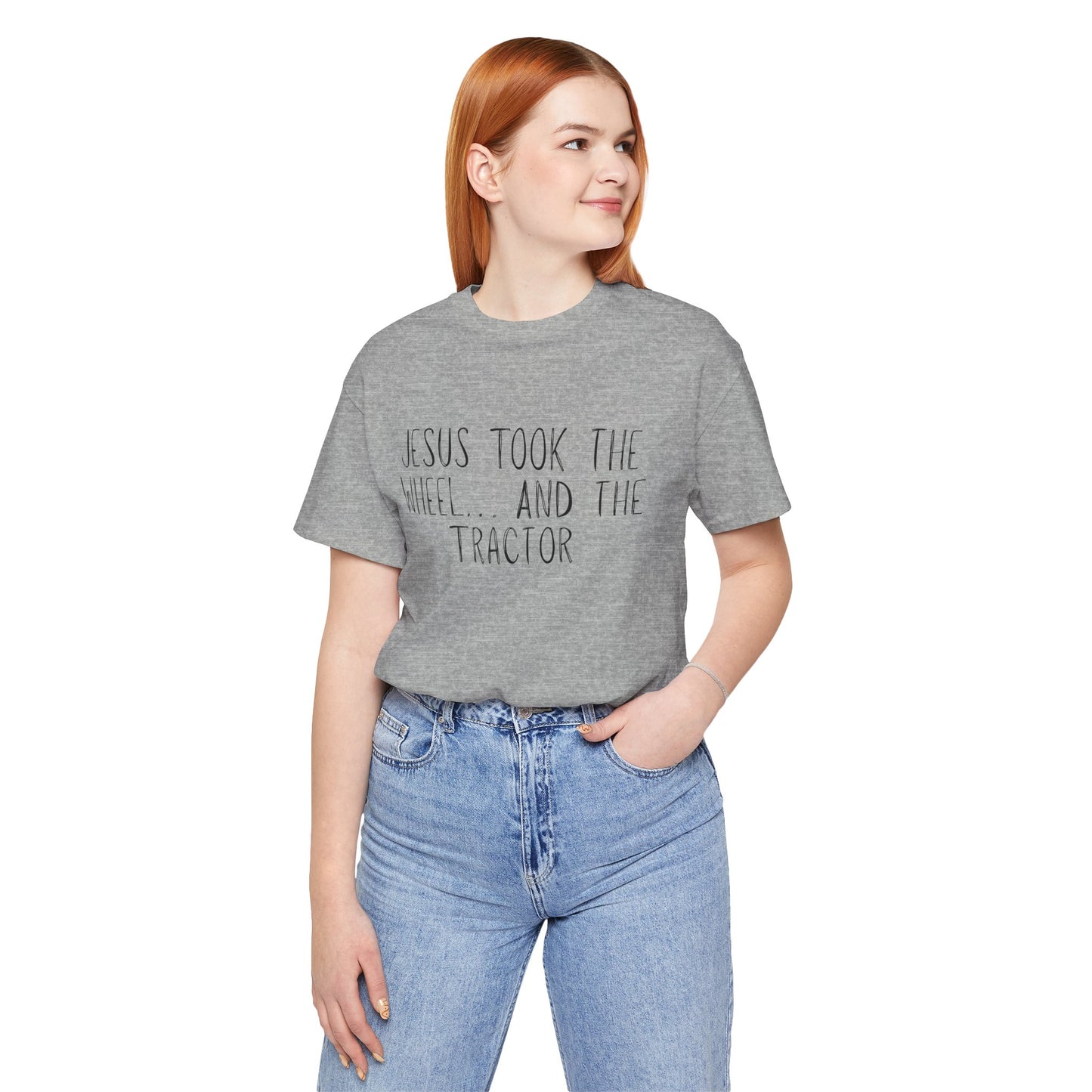 "Jesus Took the Wheel And The Tractor" Western Shirt | Country Girl Tee | Rustic Graphic Tee | Free Spirit Apparel | Outdoor Lifestyle Tee | Vintage Country Shirt | Softstyle Unisex Tee | Faith-Based Country Girl Tee | Rustic Christian Shirt