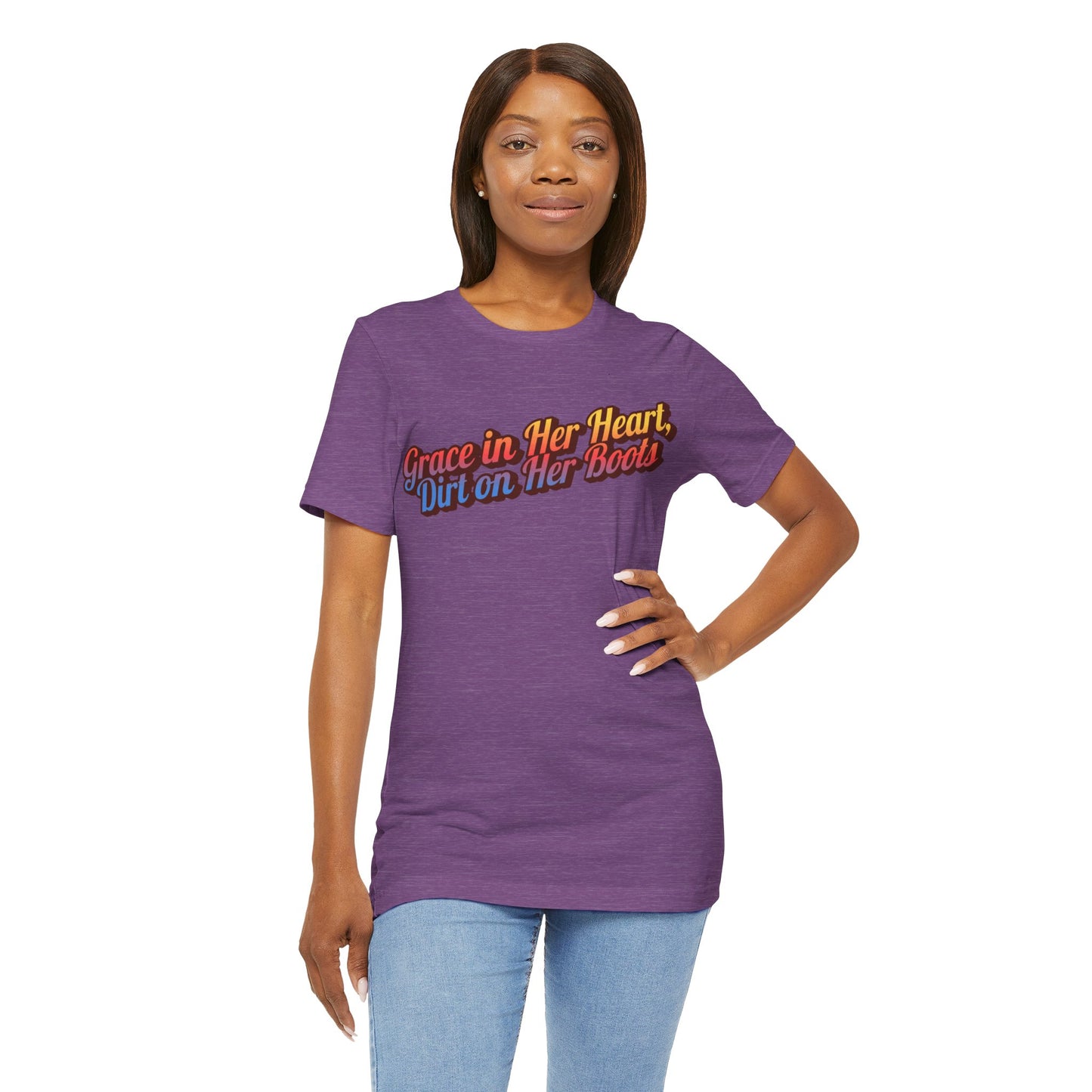 "Grace in Her Heart, Dirt On Her Boots" Western Shirt | Country Girl Tee | Rustic Graphic Tee | Free Spirit Apparel | Outdoor Lifestyle Tee | Vintage Country Shirt | Unisex Tee | Faith-Based Country Girl Tee | Rustic Christian Shirt