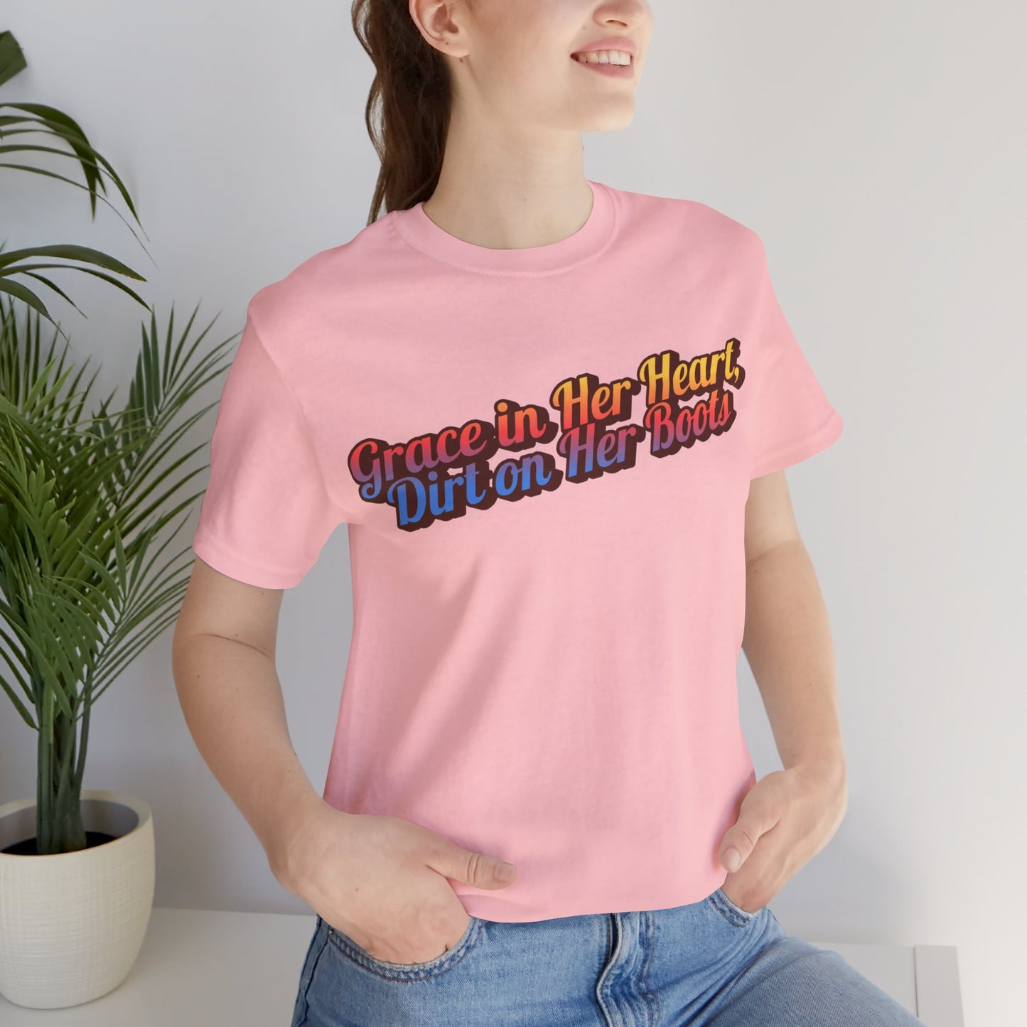 "Grace in Her Heart, Dirt On Her Boots" Western Shirt | Country Girl Tee | Rustic Graphic Tee | Free Spirit Apparel | Outdoor Lifestyle Tee | Vintage Country Shirt | Unisex Tee | Faith-Based Country Girl Tee | Rustic Christian Shirt